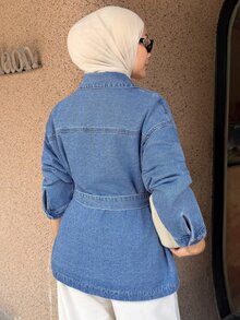 DAZY Women's Dropped Shoulder Long Sleeve Single-Breasted Waist Tie Casual Denim Jacket - Blue - View 2