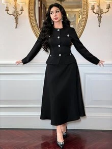 Feyla Women's Elegant Black Textured Fabric Rhinestone Button Decorated Slim Fit Jacket And Umbrella Skirt 2 Pieces Set - Black - View 1