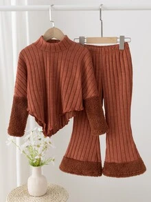 SHEIN Elladie kids Young Girl Young Girl) 紅色羅紋高領 2 件套 2pcs Set 高領長袖不對稱上衣，配紅色人造毛袖口；配套羅紋 - 棕色 - 查看 7