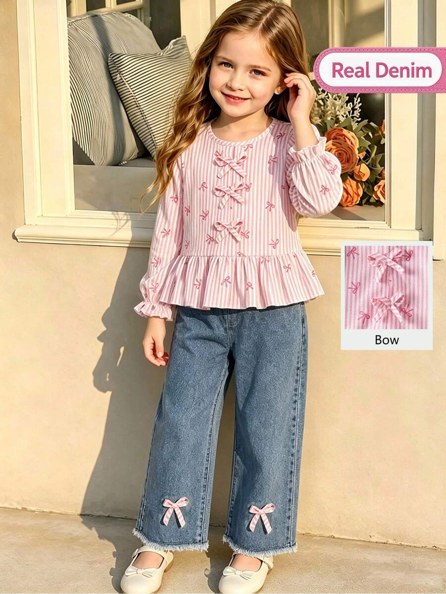 SHEIN Genkimix Kids 可愛甜美鄉村風 2 件套女童套裝,適合 4-7 歲小女孩,粉色條紋長袖上衣配蝴蝶結,牛仔褲飾有 3D 蝴蝶結裝飾,寬鬆直筒版型,柔軟舒適面料,適合秋冬日常穿著、購物、上學、通勤、外出與度假 - 粉色 - 查看 1