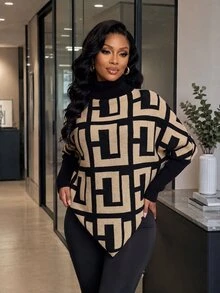 SHEIN Lady Women's Geometric Pattern High Neck Batwing Long Sleeve Elegant Sweater - Khaki - View 4