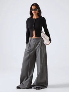 LYSMO Women's Solid Color Casual Daily Wear Suit Pants - Grey - View 5