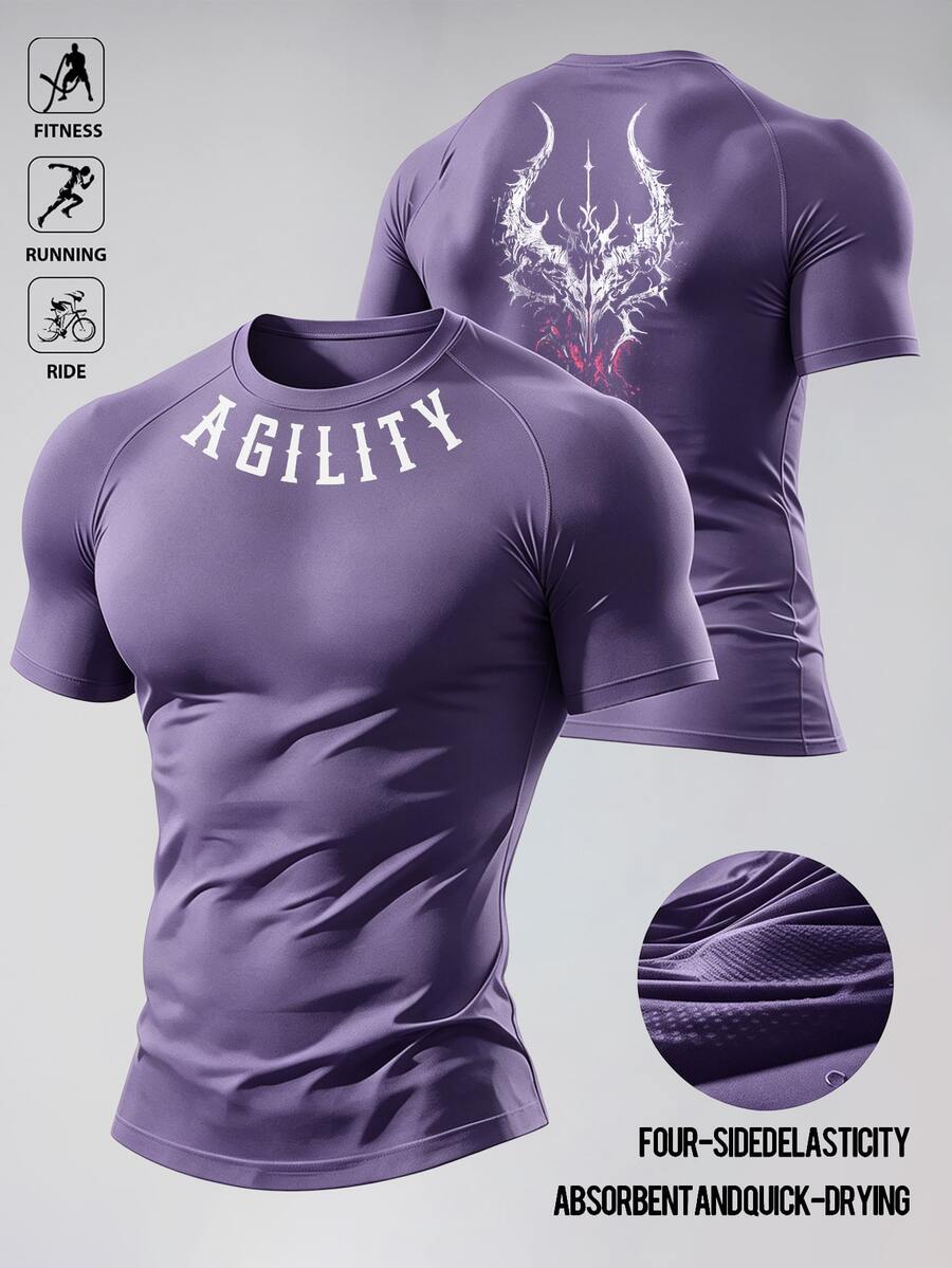 Gym Rark Men's Summer Letter Print Raglan Short Sleeve Black Compression Sports T-Shirt, Suitable For Fitness, Running, Cycling, Gym - Purple - View 1