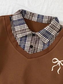 SHEIN ChillGRL 青少年女孩休閒咖啡色格紋撞色假領上衣與長褲2件套運動服，保暖抓絨內裡蝴蝶結圖案套裝，秋冬款 - 棕色 - 查看 8