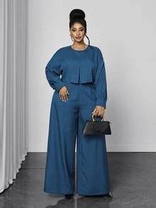 Maweii Plus Size Solid Color 2 In 1 Set Women Round Neck Lantern Sleeve Crop Top High Waist Wide Leg Long Pants Commute Party Two Pieces Set Fall - Blue - View 5