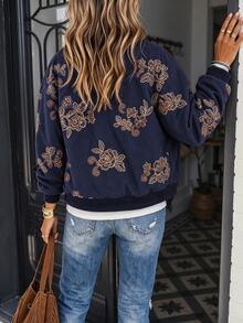 LanaWest 女款花卉刺繡圖案休閒日常長袖夾克 - 藍色 - 查看 2