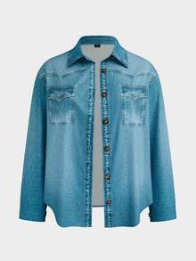 Sweetra CURVE Plus Size Casual Denim Effect Shirt & Pants & Camisole 3 Pieces Set Fall - Multicolor - View 15