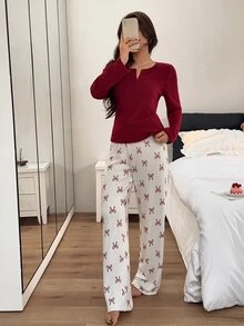 Napfluff Set Piyama Wanita Kasual Lengan Panjang dan Celana Panjang dengan Motif Pita Bergaris Halus - Merah - View 4