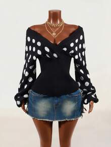 Mistrie Women's Black And White Polka Dot V-Neck Casual Elegant Daily Long Sleeve Sweater Night Out Date Night Fall - Black and White - View 4
