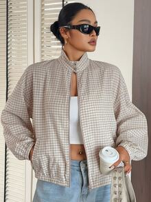 Dazy Plus Blogger Style Plaid Lapel Zip-Up Long Sleeve Loose Short Casual Regular Jacket - Apricot - View 6