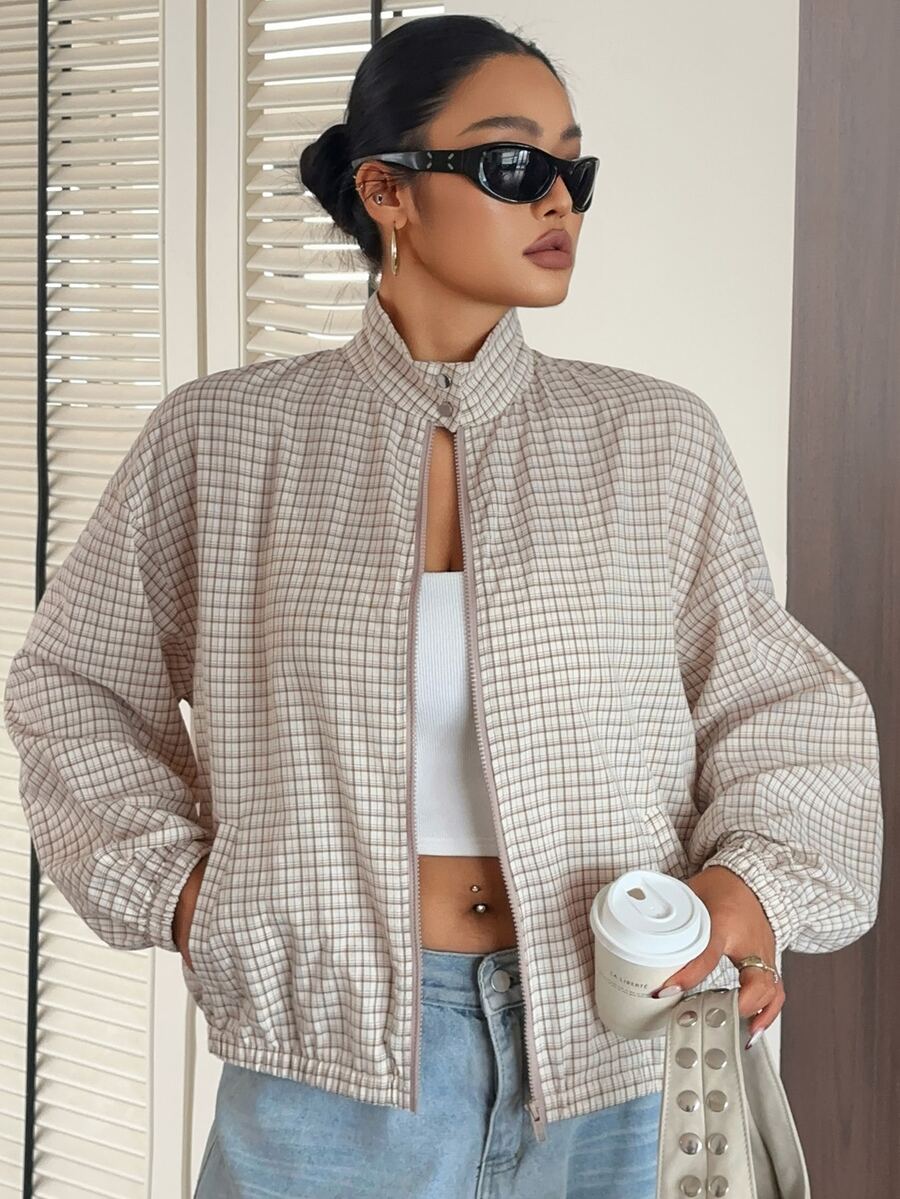 Dazy Plus Blogger Style Plaid Lapel Zip-Up Long Sleeve Loose Short Casual Regular Jacket - Apricot - View 1