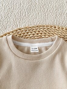 SHEIN 2Pcs Baby Girl Spring Fall Cotton Outfit, Casual Pit Stitch Plaid Spliced Puff Sleeve Knit Pullover + Solid Wide Leg Pants Beige Set - Apricot - View 8