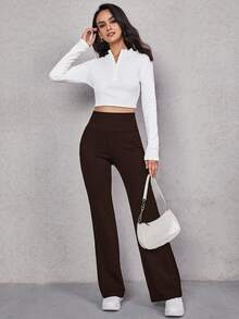 SHEIN EZwear 女款純色高腰休閒百搭長褲 - 棕色 - 查看 4