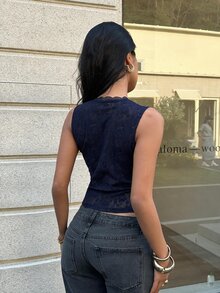 Aloruh 女款黑色花卉蕾絲鏤空領修身短版背心，優雅夏季夜生活海灘度假波希米亞 Y2K 上衣，適合電音節音樂會 - 藏蓝色 - 查看 2