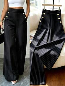 SHEIN LUNE CURVE Plus Striped Print Button Decor Wide Leg Pants Fall - Black - View 1