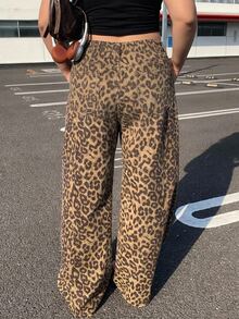 Dazy Plus Leopard Print All-Over Street Casual Y2k 90s Blogger Style Straight Leg Denim Jeans Going Out Birthday Brown - Khaki - View 2