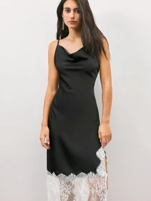 Maija Women's Lace Patchwork Casual Party Spaghetti Strap Midi Dress - Black - View 2