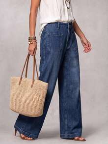 SHEIN بنطلون جينز نسائي بتصميم جيوب وساق واسعة فضفاض كاجوال - أزرق داكن - مشاهدة 3
