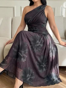 Dazy Plus Floral Print Asymmetrical Shoulder Sleeveless Elegant Fitted Party Dress - Dusty Purple - View 1