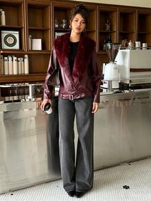 Aloruh Women's Autumn/Winter Burgundy PU & Fur Patchwork Jacket, Casual Versatile Outerwear - Burgundy - View 5