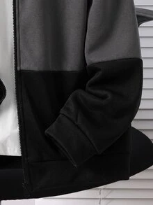 SHEIN 青少年男孩拼色拼接運動衫外套，寬鬆休閒長袖灰色秋季上衣，適合冬季、街頭風、返校季、聖誕出遊 - 彩色 - 查看 6