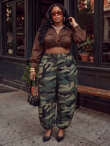 Slaydiva Plus Size Camo Print Cargo Pants, High Waist Multi Pocket Baggy Wide Leg Streetwear Trousers - Green - View 7
