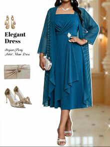 Fleurora Plus Size Women's Rhinestone Decor Pleated Dress And Cardigan Casual 2 Pieces Set - Teal Blue - View 6