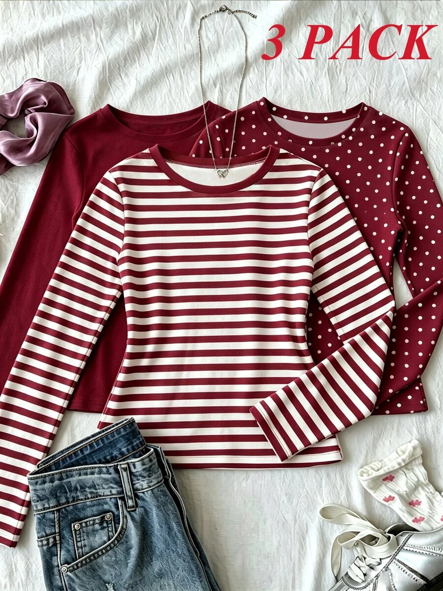 3PCS Tween Girls T-Shirts - Multicolor - View 1