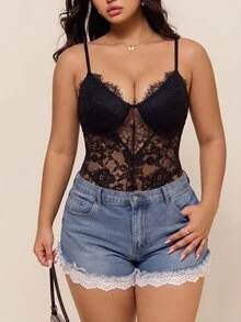 CovetEZ Autumn/Winter Halloween Lace Patchwork Sexy Plus Size Bodysuit - Black - View 6