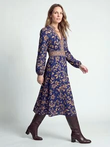 Dayvera Women's V-Neck All-Over Print Casual Party Long Dress - Blue - View 3