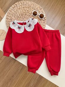SHEIN Baby Girl Cherry Embroidery Pattern Casual Daily Long Sleeve Sweatshirt And Pants Set - Red - View 4