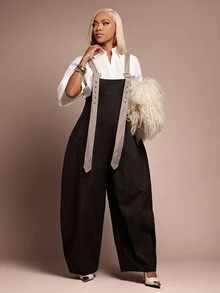 Vixey Contrast Stripe Wide Leg Overall Jumpsuit - Black - View 1