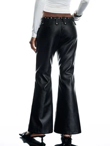 LYSMO Women's Solid Color Waist Eyelet Lace-Up PU Leather Flare Leg Pants - Black - View 2