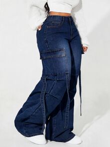 Jeanoix 大尺碼女款工裝口袋寬腿寬鬆休閒牛仔褲 - 藍色 - 查看 1