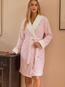 Aralina 女款秋冬可正反穿可愛柔軟刷毛紋理條紋對比色睡衣 - 粉色 - 查看 10