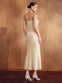 MOTF PREMIUM WOMEN'S AUTUMN/WINTER JEWELRY DESIGN ELEMENT BUSINESS COCKTAIL STRAPLESS LONG DRESS - Apricot - View 3
