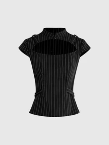 ROMWE Grunge Punk Hollow Out Women's Blouse With Metal Decor Striped Niche Vintage Plus Size Shirt - Black - View 1