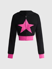 ROMWE Grunge Punk Women's 2pcs Set Star Patchwork Embroidered Letter Vintage Colorblock Black & Pink Hooded Jacket With Colorblock Flared Pants - Black - View 7