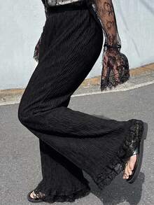 Dazy Plus Plus Size Women's Elastic Waist Fitted Contrast Lace Cuff Flare Pants - Black - View 4