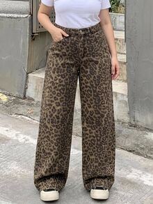 Dazy Plus Leopard Print All-Over Street Casual Y2k 90s Blogger Style Straight Leg Denim Jeans Going Out Birthday Brown - Khaki - View 4