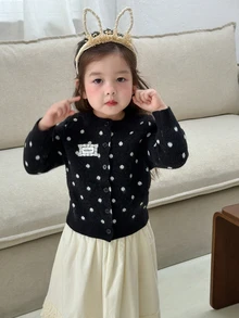 DAZY Baby Girl Polka Dot Pattern Long Sleeve Single-Breasted Knit Cardigan - Black - View 5