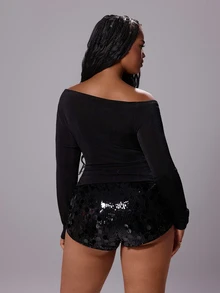 Rustia Plus Size Off-Shoulder Asymmetrical Ruched Metal Buckle Elegant Vintage Cute Holiday Party T-Shirt - Black - View 2