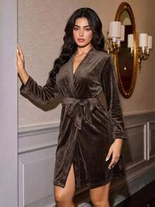 Livesso Women's Solid Color Long Sleeve Waist Tie Casual Robe - Coffee Brown - View 5