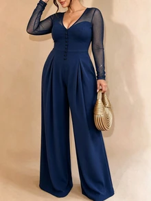 Cravure Plus Size Glitter Mesh Long Sleeve Jumpsuit, Elegant V‑Neck Wide Leg Knit Party Jumpsuit - Navy Blue - View 6