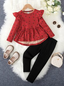Elladie kids 2件組女童愛心印花荷葉邊長袖T恤與內搭褲，春/秋季 - 紅色 - 查看 5