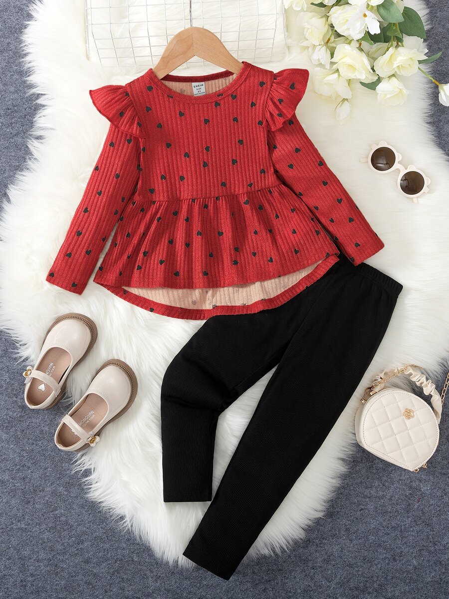 Elladie kids 2pcs/Set Girls Heart Print Ruffle Trim Long Sleeve T-Shirt And Leggings, Spring/Autumn - Red - View 1