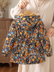 SHEIN 少女款米色長袖休閒連帽外套，抓絨面料，秋季服飾，酷女孩風，可愛時尚經典，梭織花卉圖案，長款拉鍊開襟 - 彩色 - 查看 2