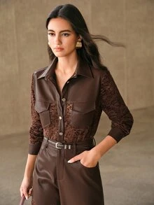 Anewsta Women's Autumn/Winter PU Contrast Lace Blouse - Brown - View 6
