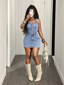 Jeanoix Petite Y2K Women's All-Season Blue Distressed Denim Petite Pinafore Dress - Medium Wash - View 7