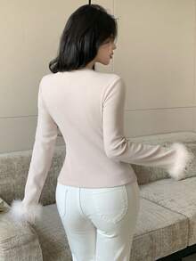 Feyla Women's Solid Color Single-Breasted Patchwork Fur Long Sleeve Fitted T-Shirt - Grey - View 2
